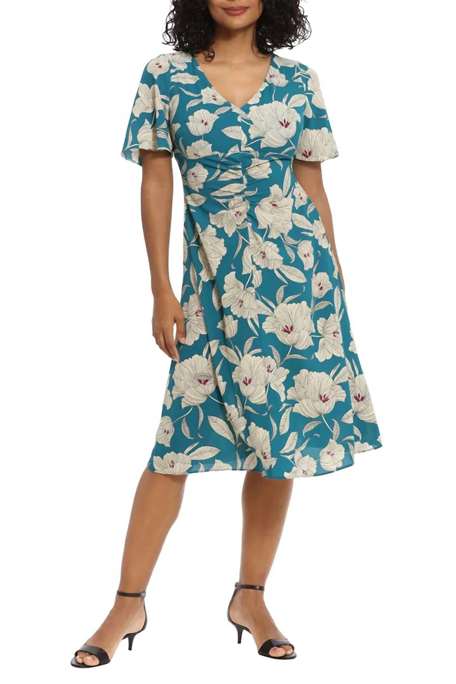 London Times - Flutter Sleeves Ruched Bodice Floral Bubble Dress