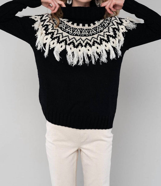 Lovestitch - Intarsia Patterned Turtle Neck Fringe Sweater