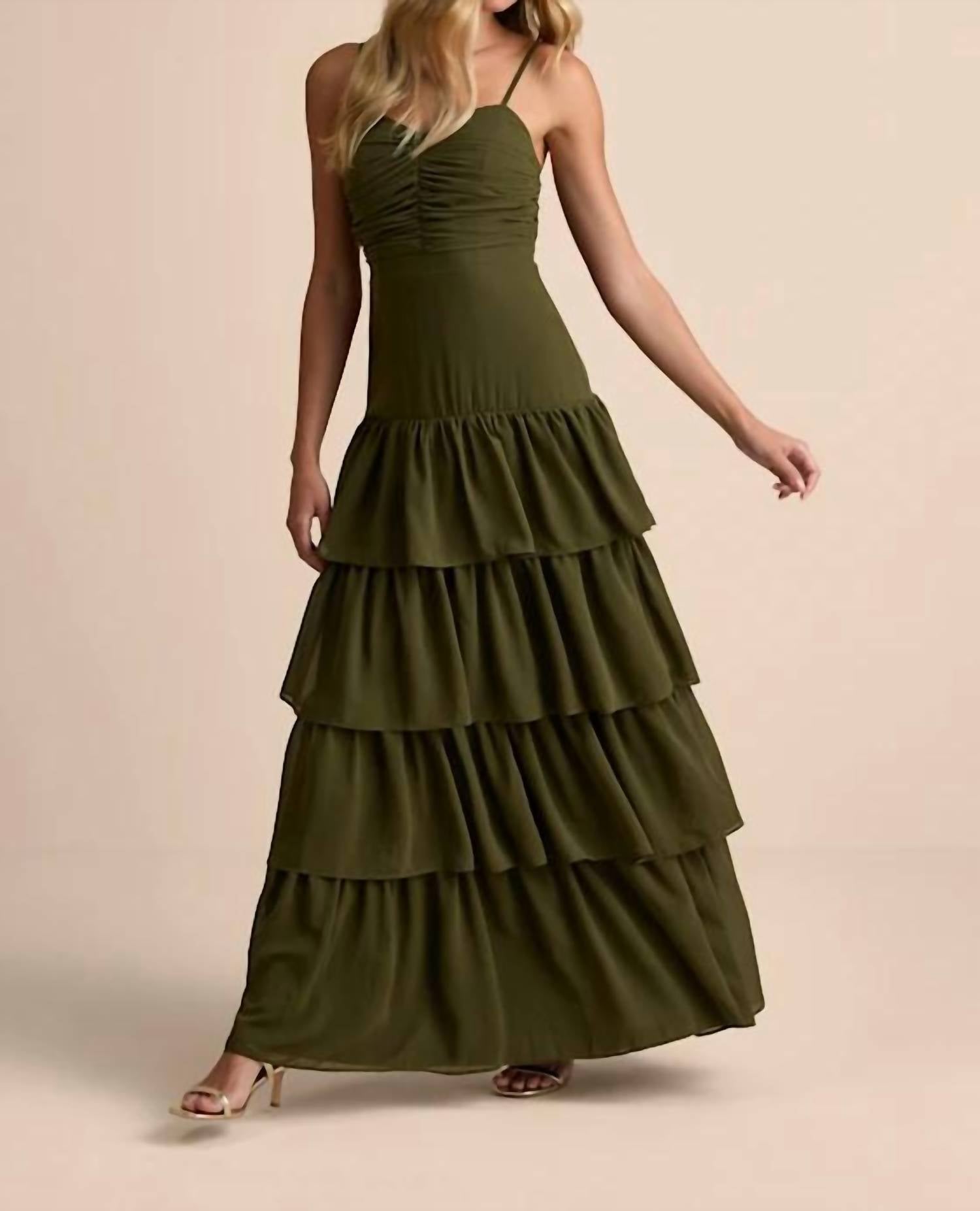 Lulus Gorgeous Influence Tiered Maxi Dress in olive green - women's dress - alternate view