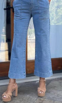 BEVY FLOG Eden Crop Flare Pant in light denim - women's jeans