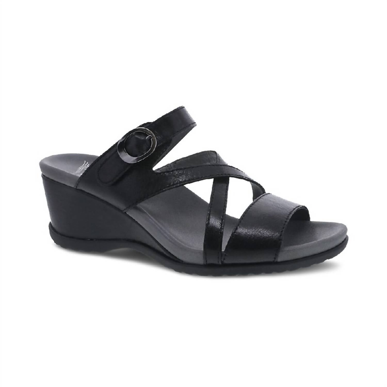 dansko Women's Ana Glazed Kid Leather Sandals in black - women's sandal