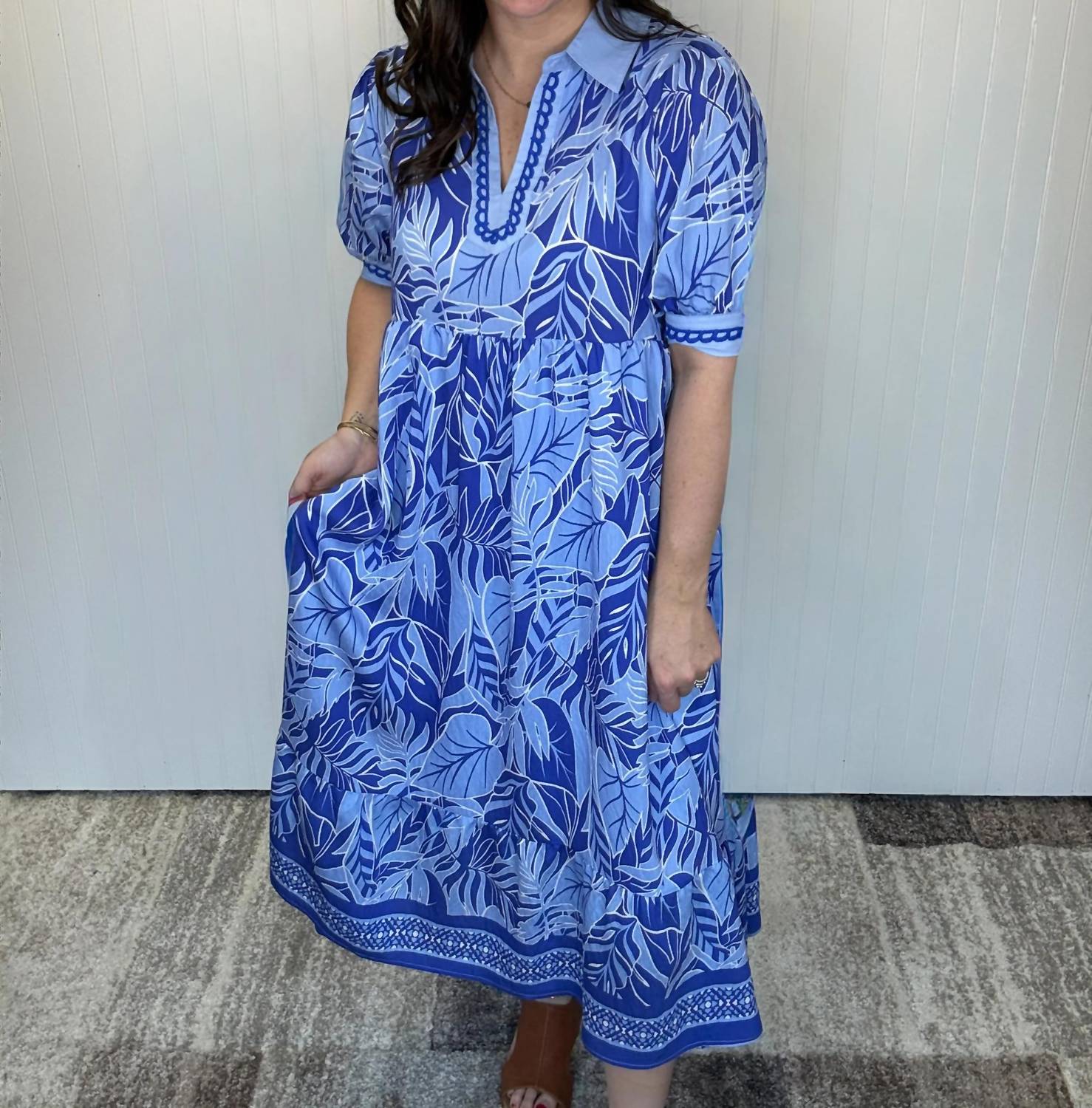 Umgee - Border Print V-neck Midi Dress