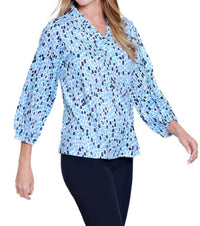 Multiples - Printed Slub Knit Top With Ruffle V-neck - Plus