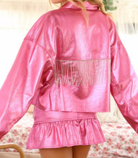 Peach Love Rhinestone Fringe Jacket in metallic pink - women's jacket - detail view