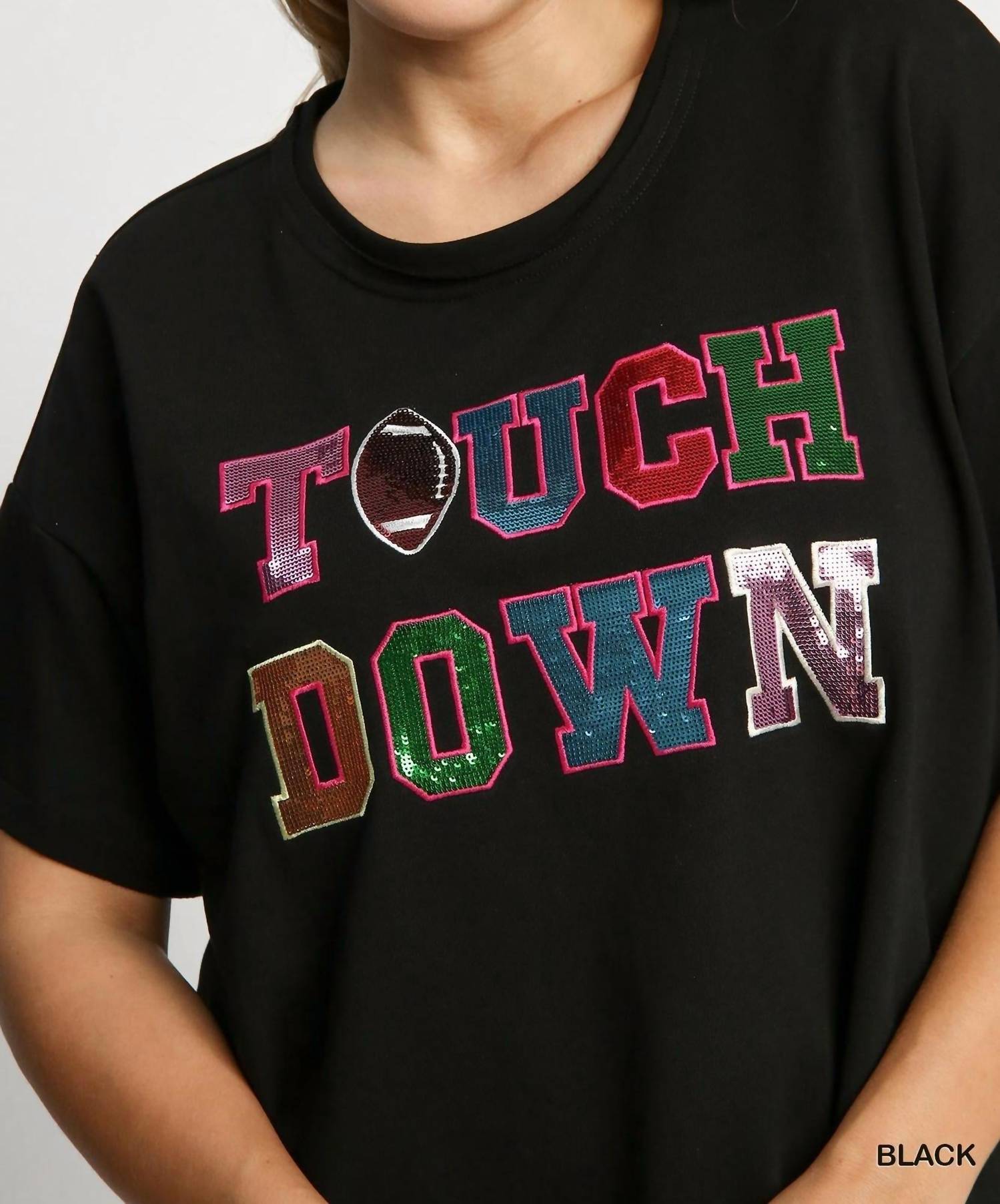 umgee French Terry Sequin Touch Down Top - Plus in black - women's t-shirt - view 4