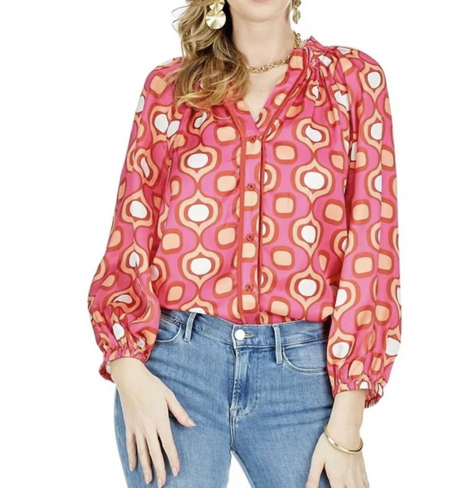 Jade Split Neck Blouse in pink geo - women's blouse