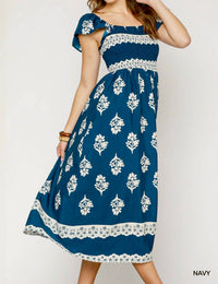 Umgee - Floral Block Print Ruffle Sleeve Midi Dress