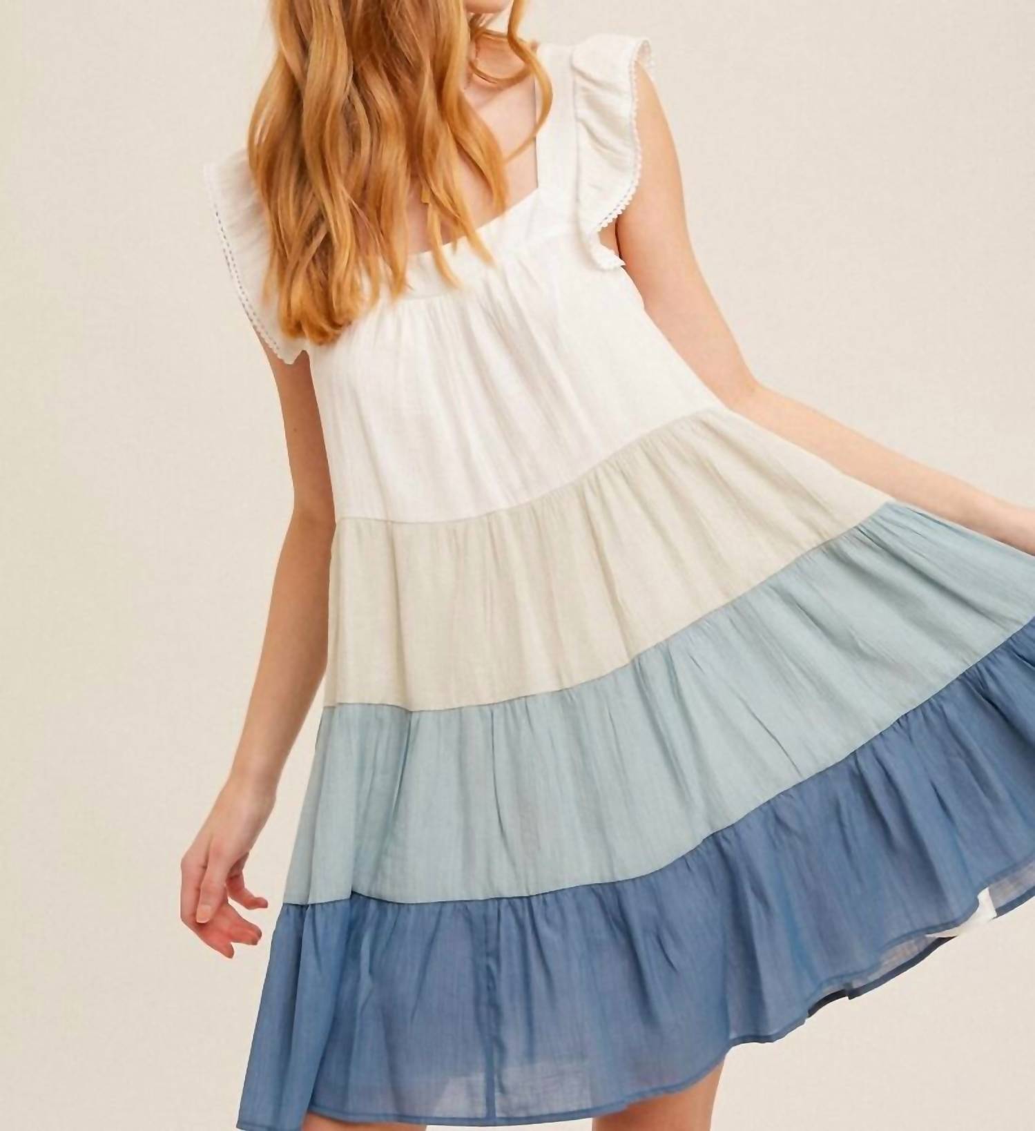 Hem & Thread Sweet Serenade Eyelet Color Block Dress in blue - women's dress