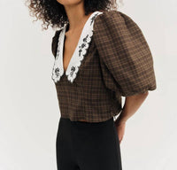 for Love & Lemons University Plaid Top in brown - women's blouse - detail view