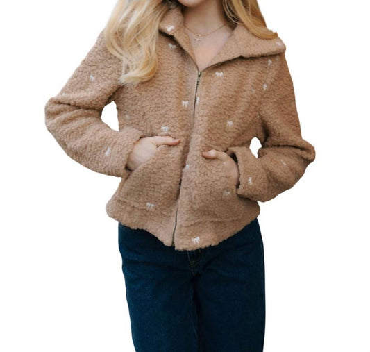 Mable - Bow Embroidered Teddy Zip Up Jacket