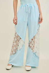 J.Her Mineral Washed Floral Lace Elastic Waist Cool Pant in baby blue - women's pants
