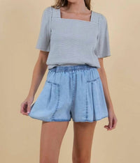 Doe And Rae - Tencel Denim Elastic Waist Pintuck Wide Leg Shorts
