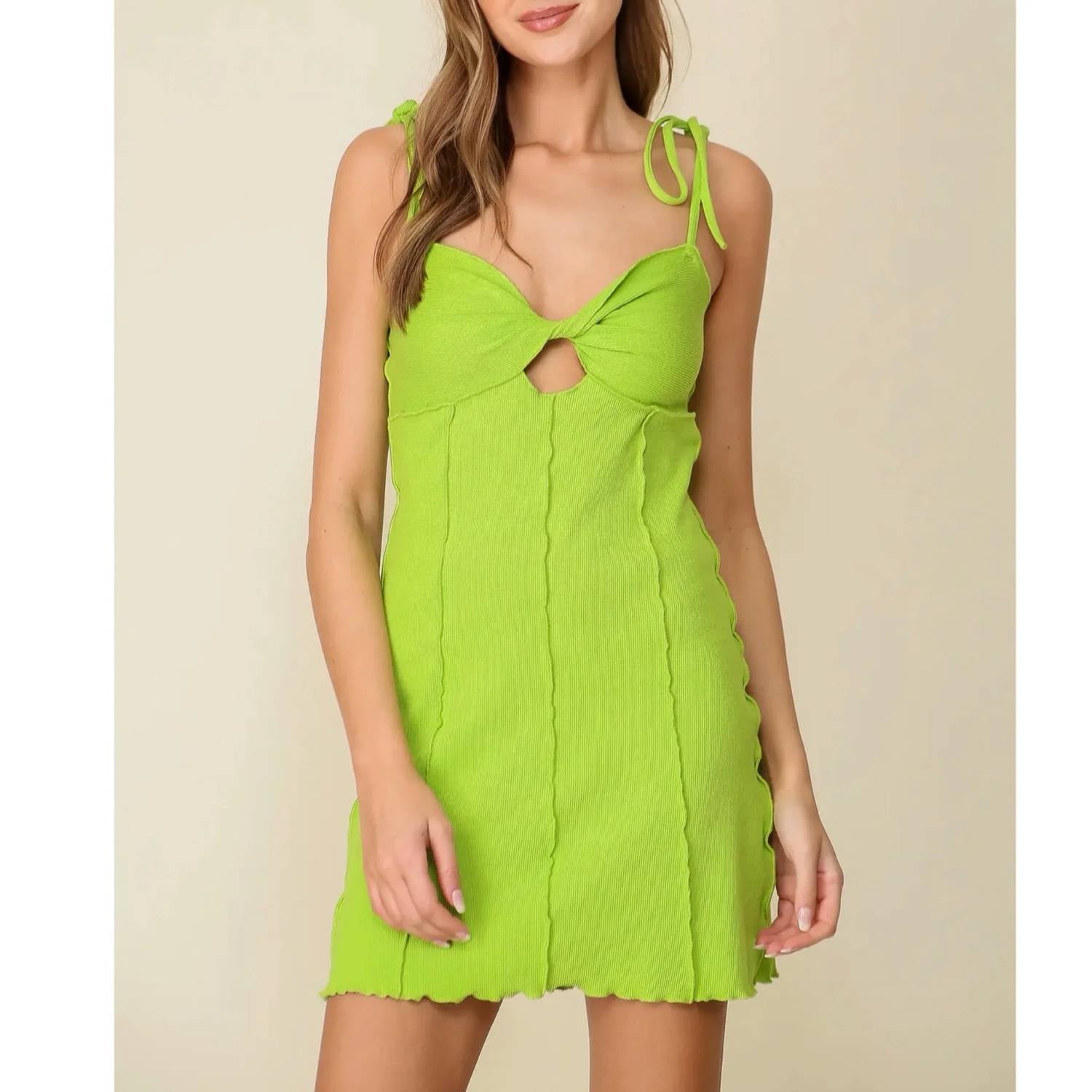 Lumiere - Ribbed Knit Mini Tie Strap Twist Front Dress