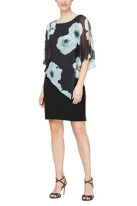 S.L. Fashions - Floral Print Asymmetrical Shoulder Capelet Jersey Dress