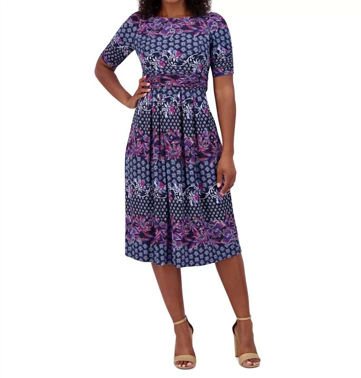 Jessica Howard Printed Ruched-sleeve Midi Dress in navy pink - women's dress