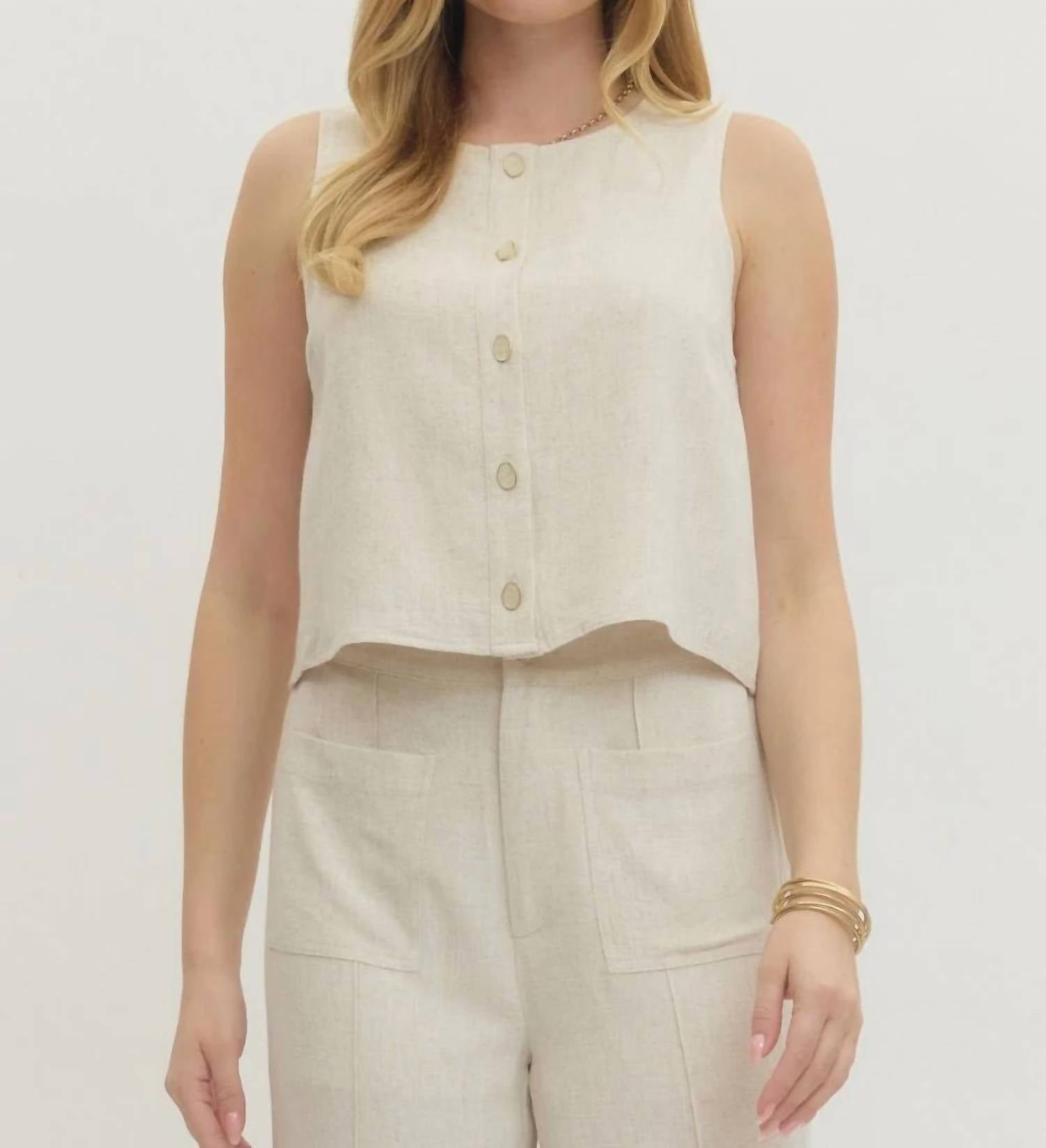 Entro - The Harper Sleeveless Linen Blend Button Front Tank