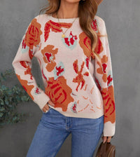 Shiying Fashion - Floral Pattern Drop Shoulder Sweater