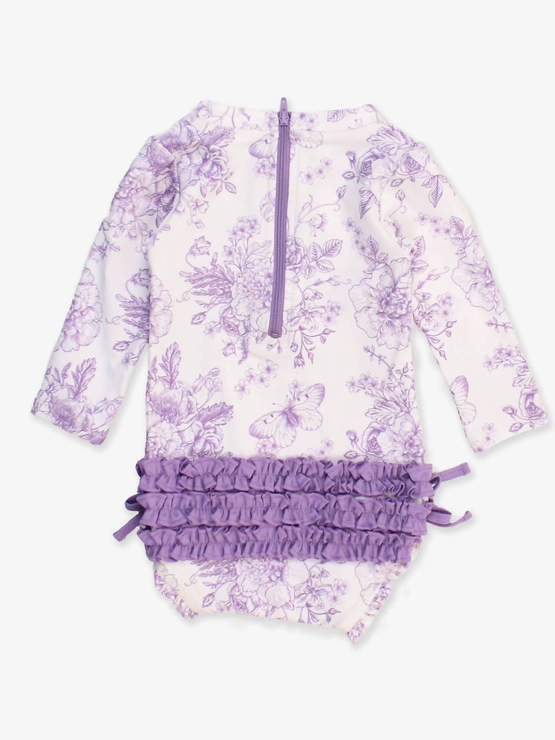 Rufflebutts - Butterfly Garden Toile Long Sleeve One Piece Ruffle Rash Guard Swimsuit