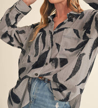 AEMI + CO Elodie Linen Printed Button Up Shirt in grey and black - women's shirt - view 4
