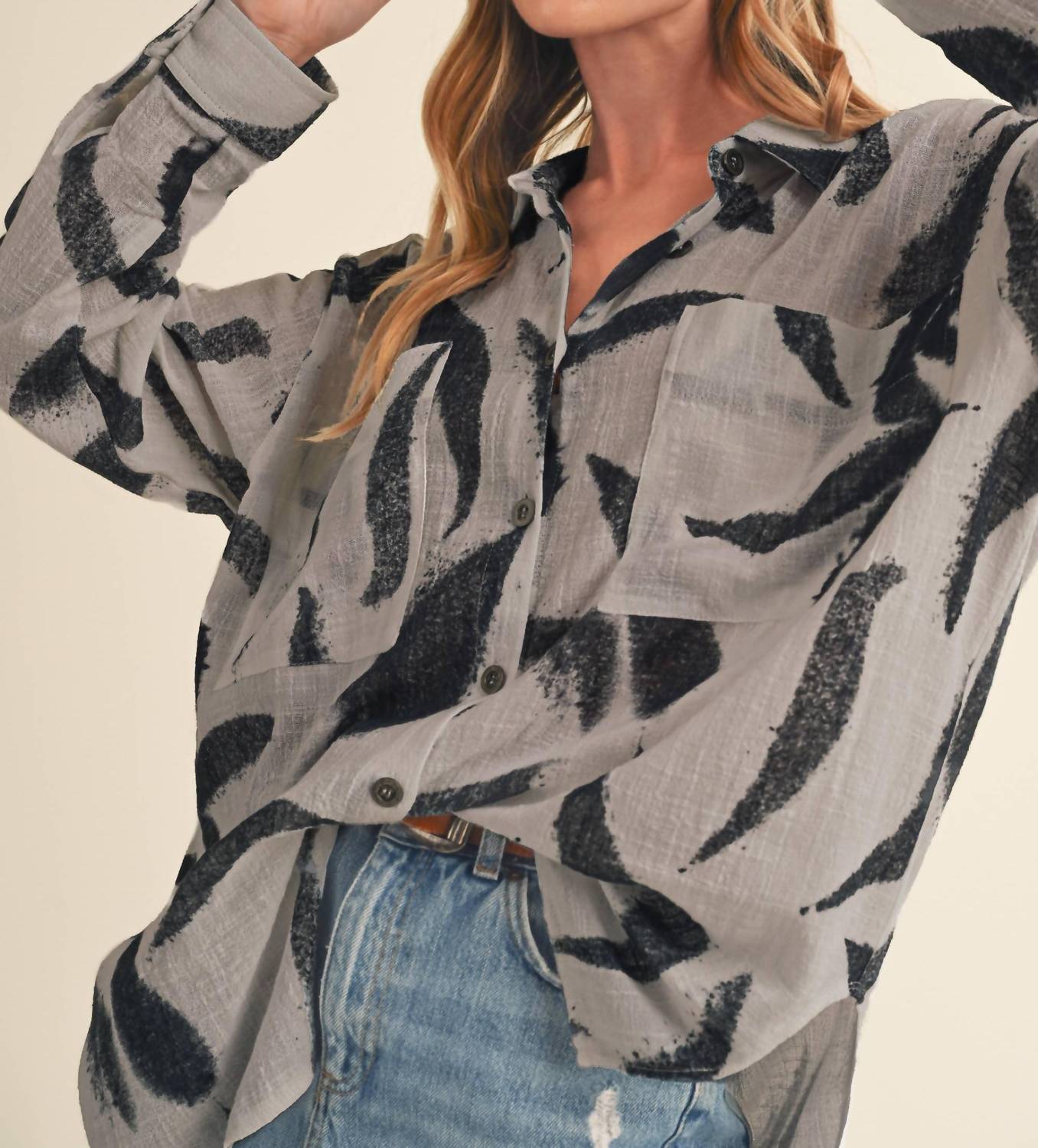 AEMI + CO Elodie Linen Printed Button Up Shirt in grey and black - women's shirt - view 4