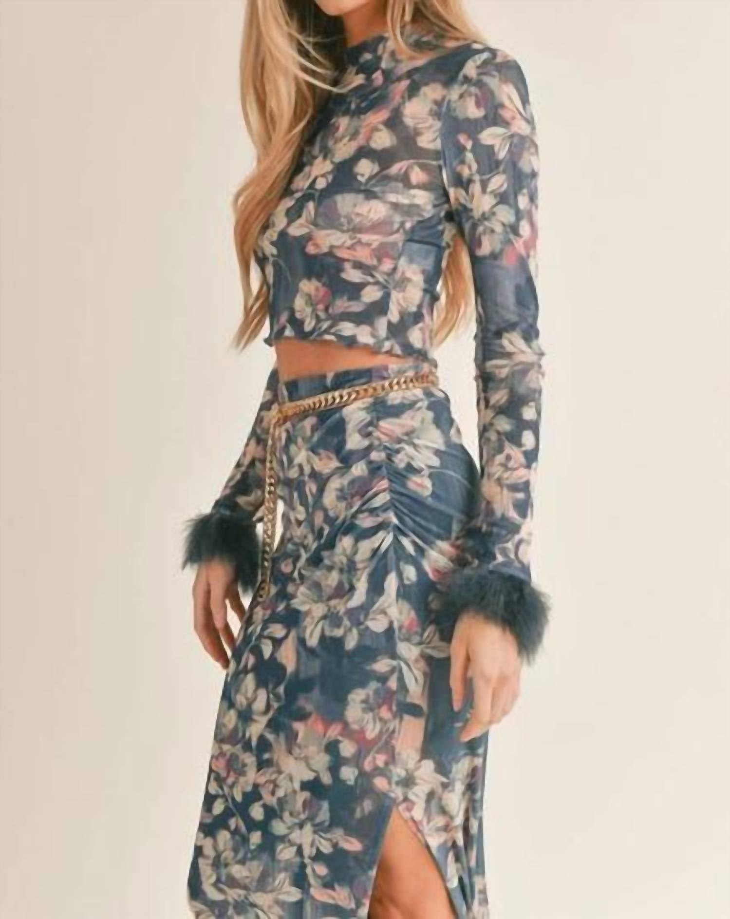 Sage The Label - Vegan Feather Trim Floral Print Long Sleeve Top