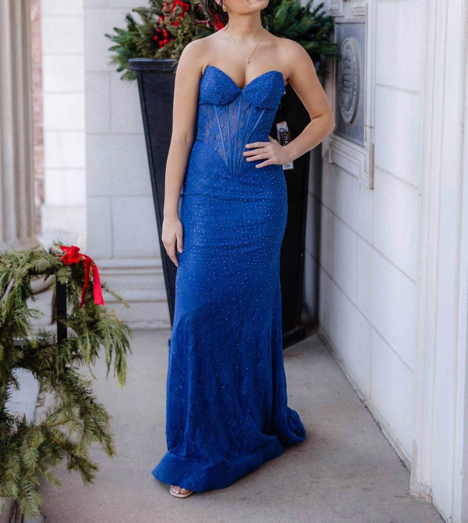 Sherri Hill Strapless Fitted Hot Fix Lace Prom Dress in blue - women's dress - detail view