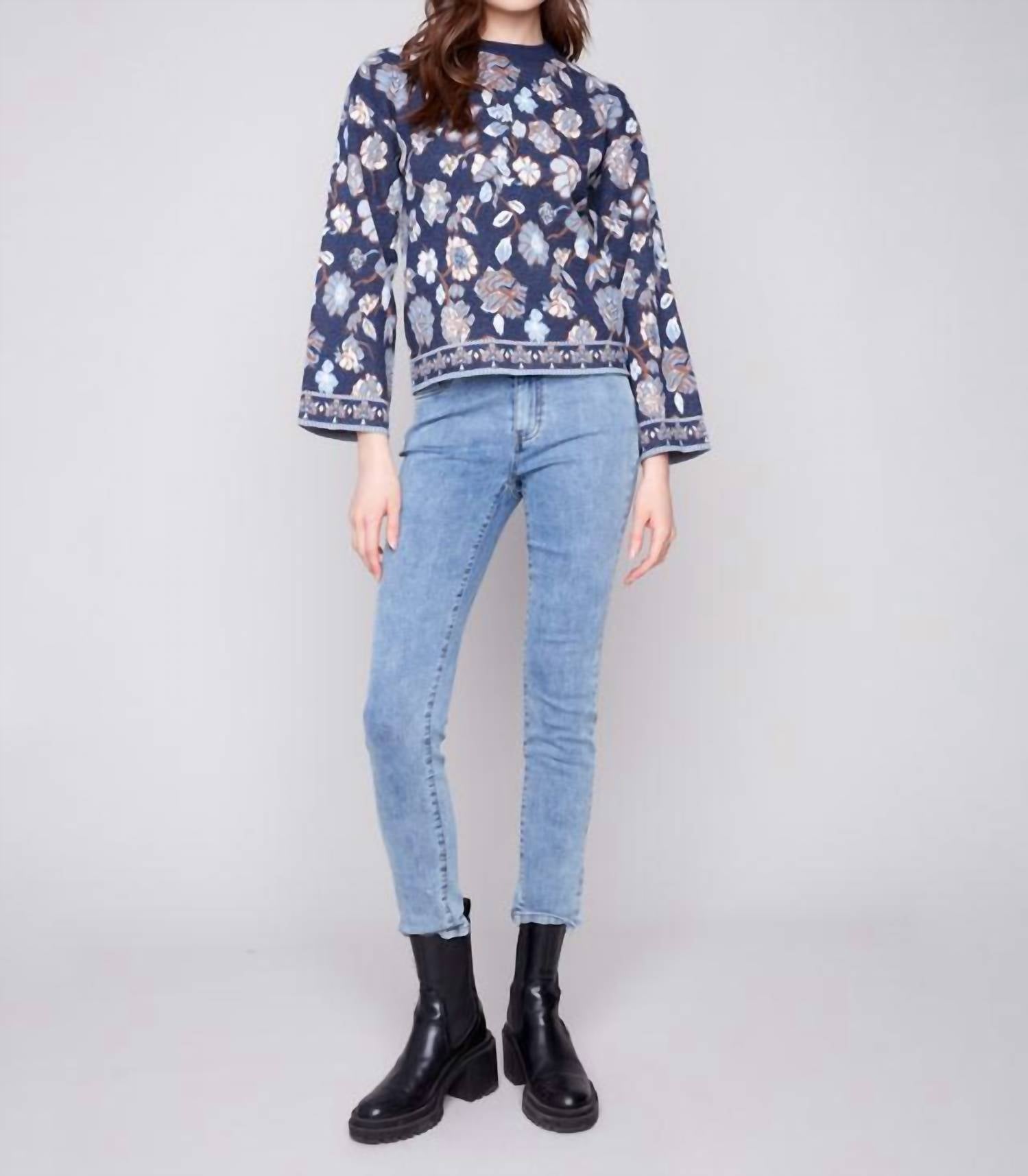 CHARLIE B Long Sleeves Crew Neck Jacquard Sweater in floral - women's sweater - alternate view