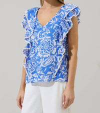 SUGARLIPS Women's Floral Ziva Ruffle Blouse in blue white - women's blouse - alternate view