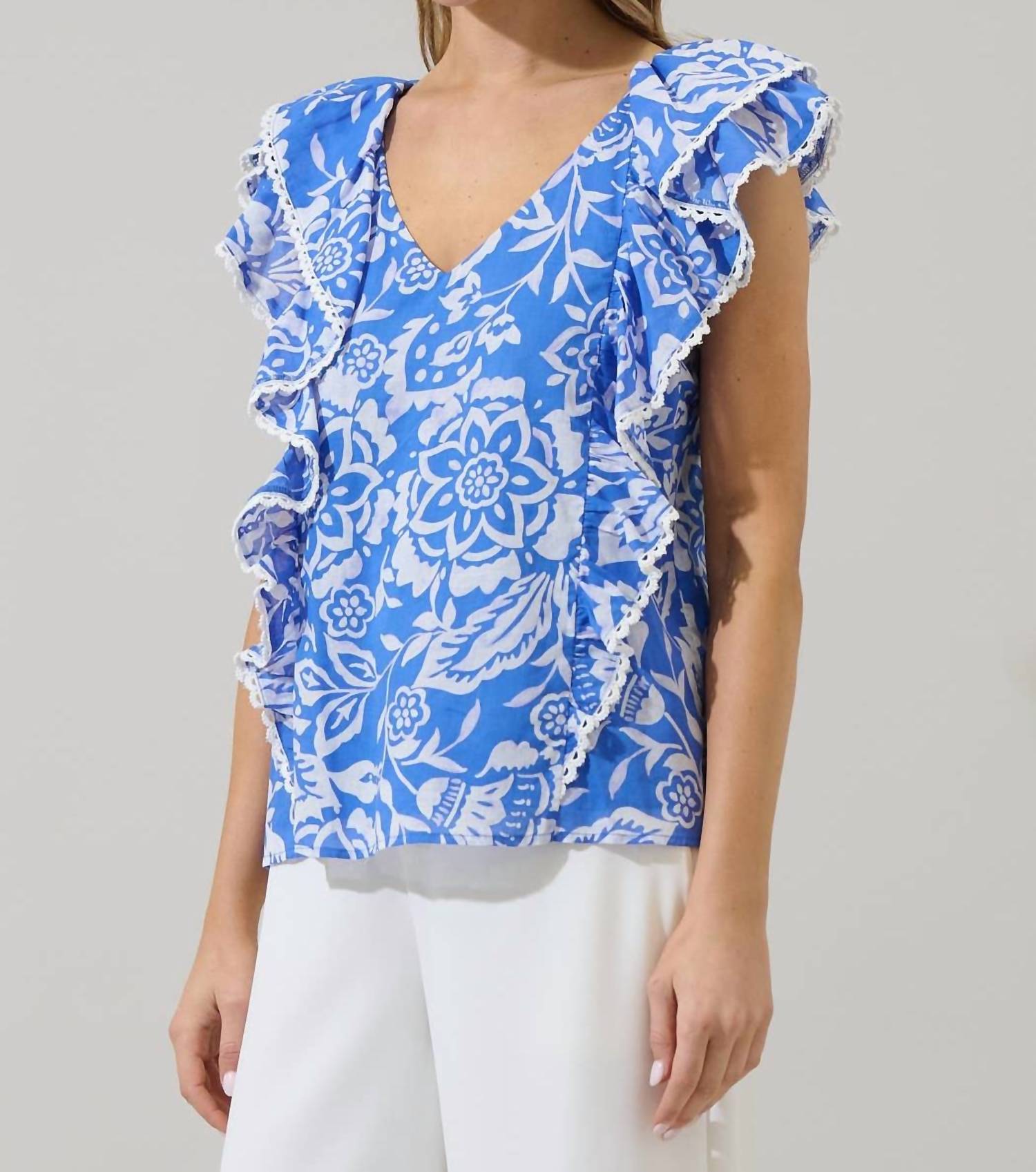 SUGARLIPS Women's Floral Ziva Ruffle Blouse in blue white - women's blouse - alternate view