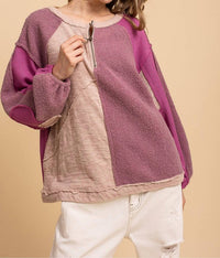 Blue Velvet Relaxed Fit Multi Media Fabric Mixed Knit Color Block Top in mulberry - women's sweater - detail view