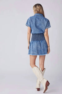 BluIvy Button Up Smocking Waist Denim Mini Dress in blue - women's dress - alternate view