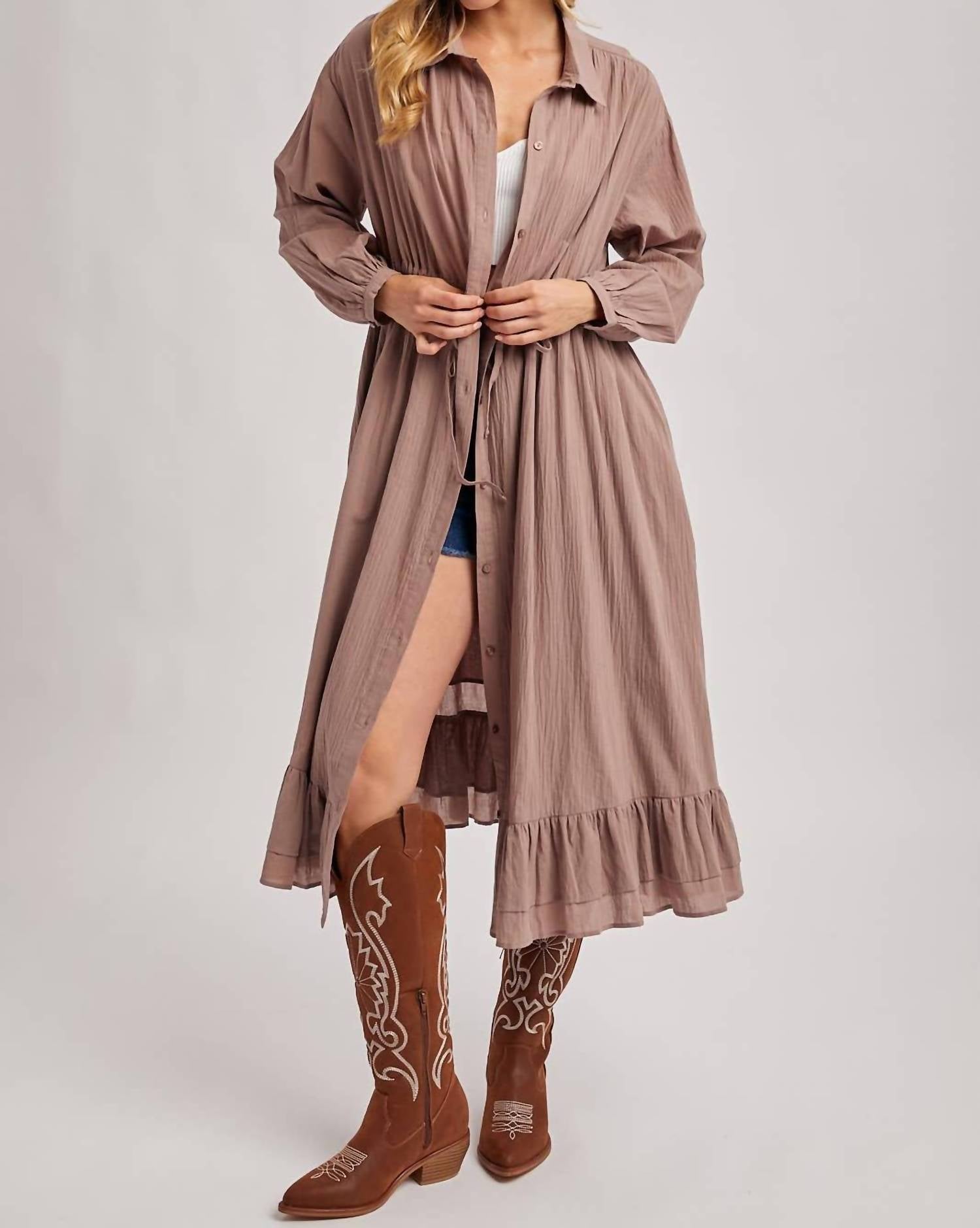 BluIvy Ruffled Midi Open Duster Shirt Dress in mauve - women's dress - view 6