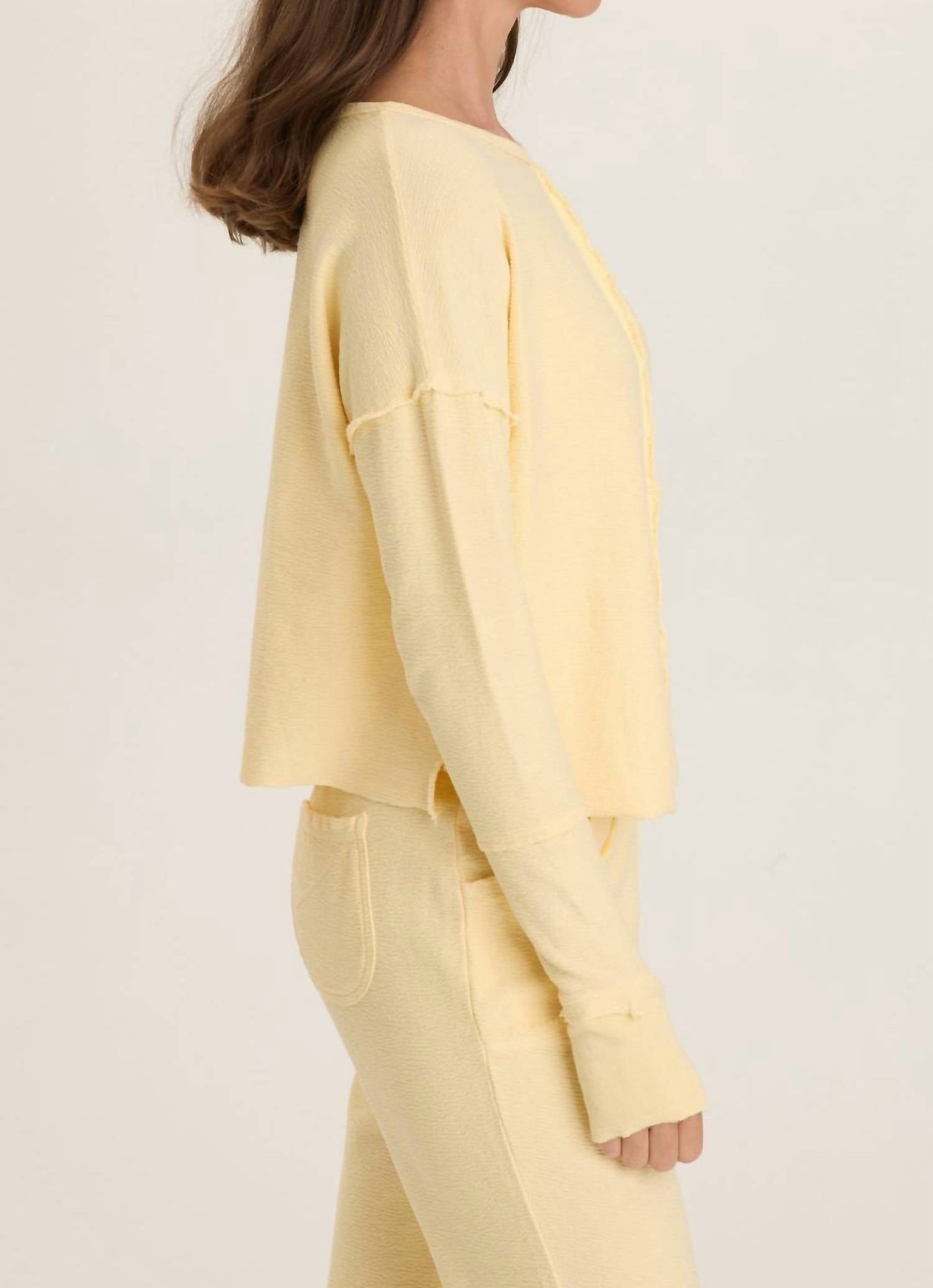 Wearables Lunaria Annika Long Sleeve Boat Neck Top in luscious butter yellow - women's long sleeve top - detail view