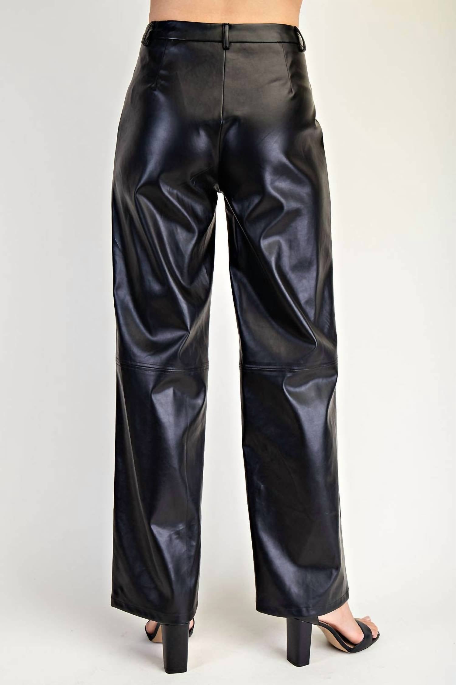 Edit By Nine - Front Snap Button Stretch Faux Leather Pants