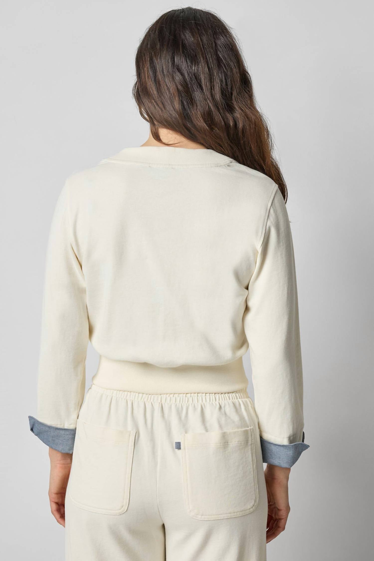Lilla P Chambray Cuff Cardigan in magnolia - women's cardigan - alternate view