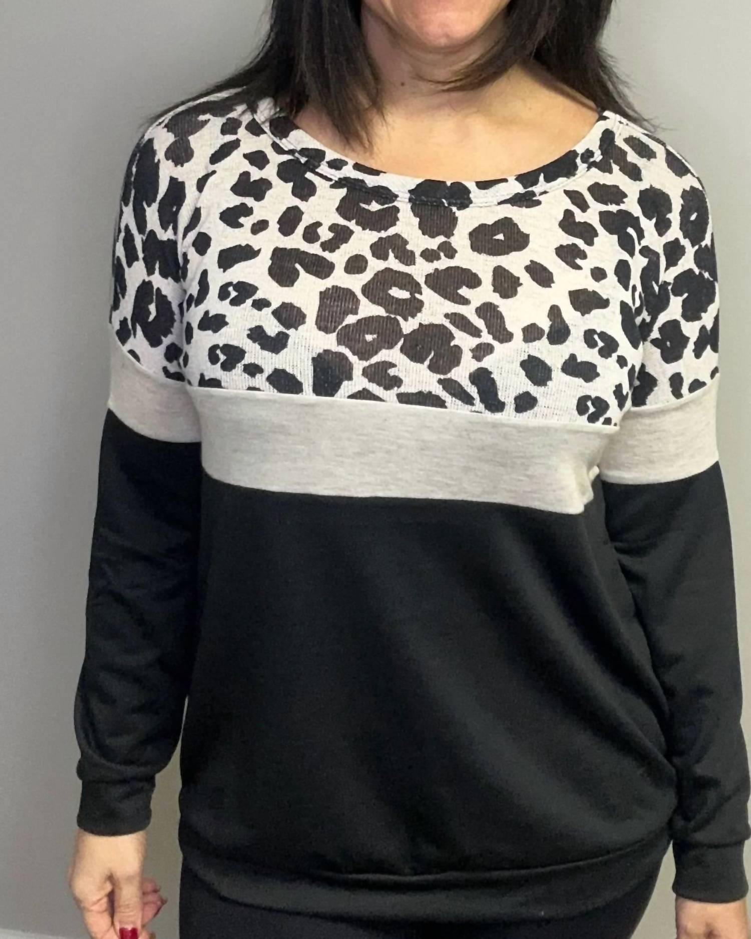 Bibi - Wild Leopard Color Block Pull Over Sweatshirt
