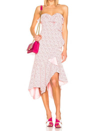 JONATHAN SIMKHAI Speckle Print Asymmetric Ruffle Dress in hibiscus red print - women's dress