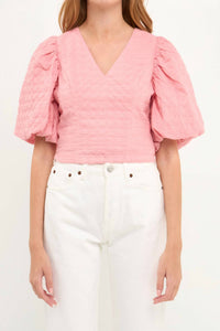 Endless Rose - Puff Sleeve Check Jacquard Top