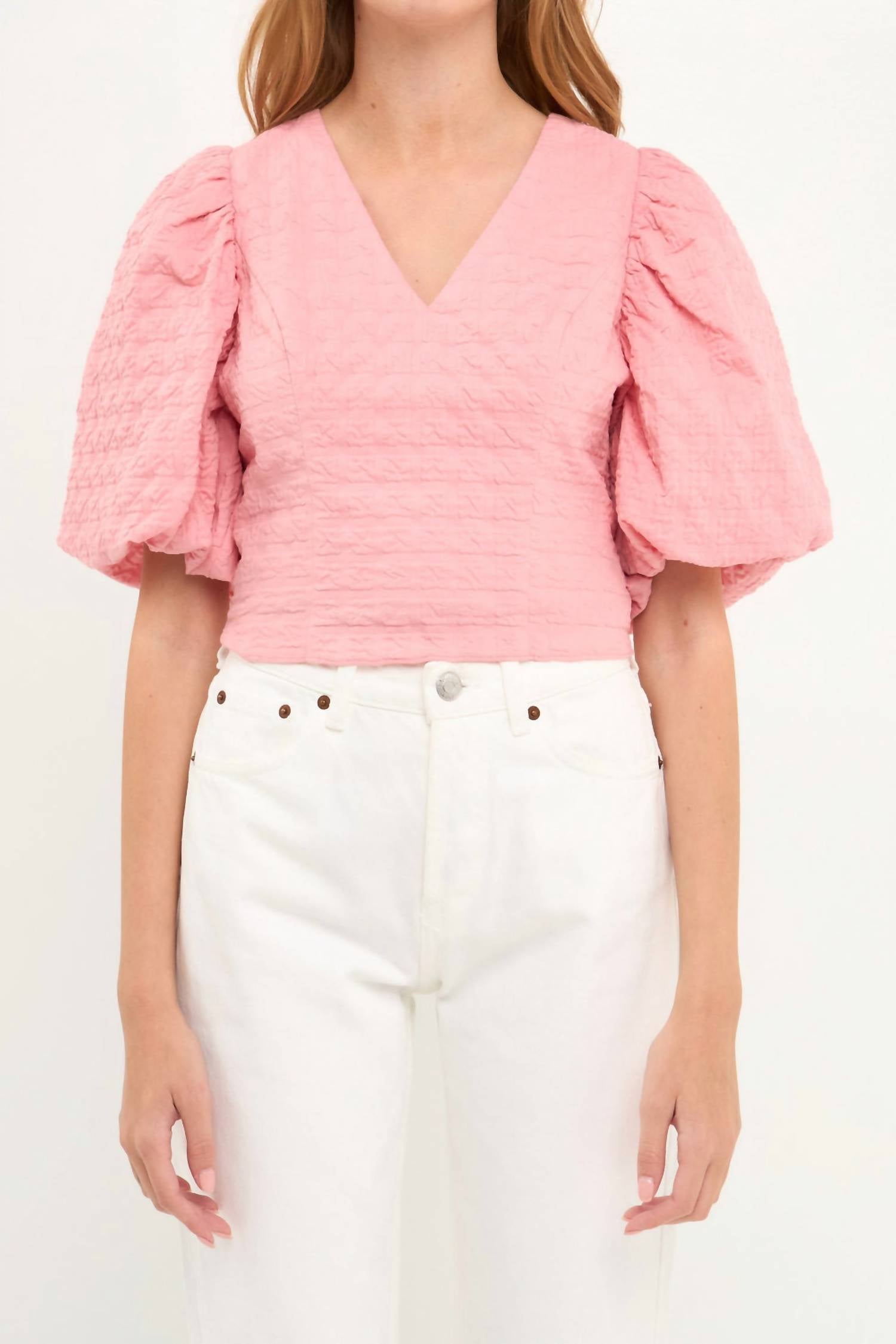 Endless Rose - Puff Sleeve Check Jacquard Top