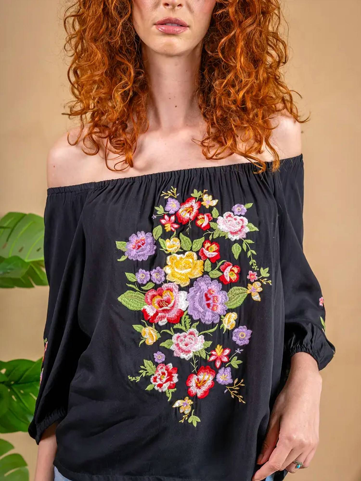 Paparazzi - Viscose Embroidered Off-Shoulder Pull-Over Shirt