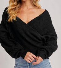BluIvy Wrap Crossover Ribbed Sweater Top in black - women's sweater