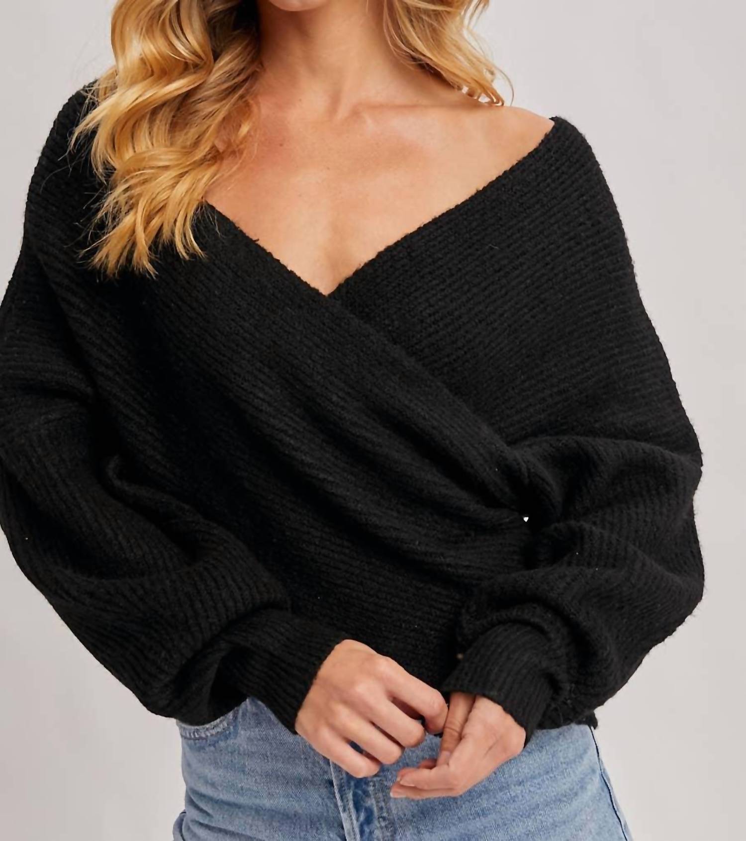 BluIvy Wrap Crossover Ribbed Sweater Top in black - women's sweater