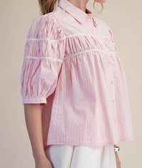 Glam - Puff Sleeve Contrast Detail Stripe Shirt Top