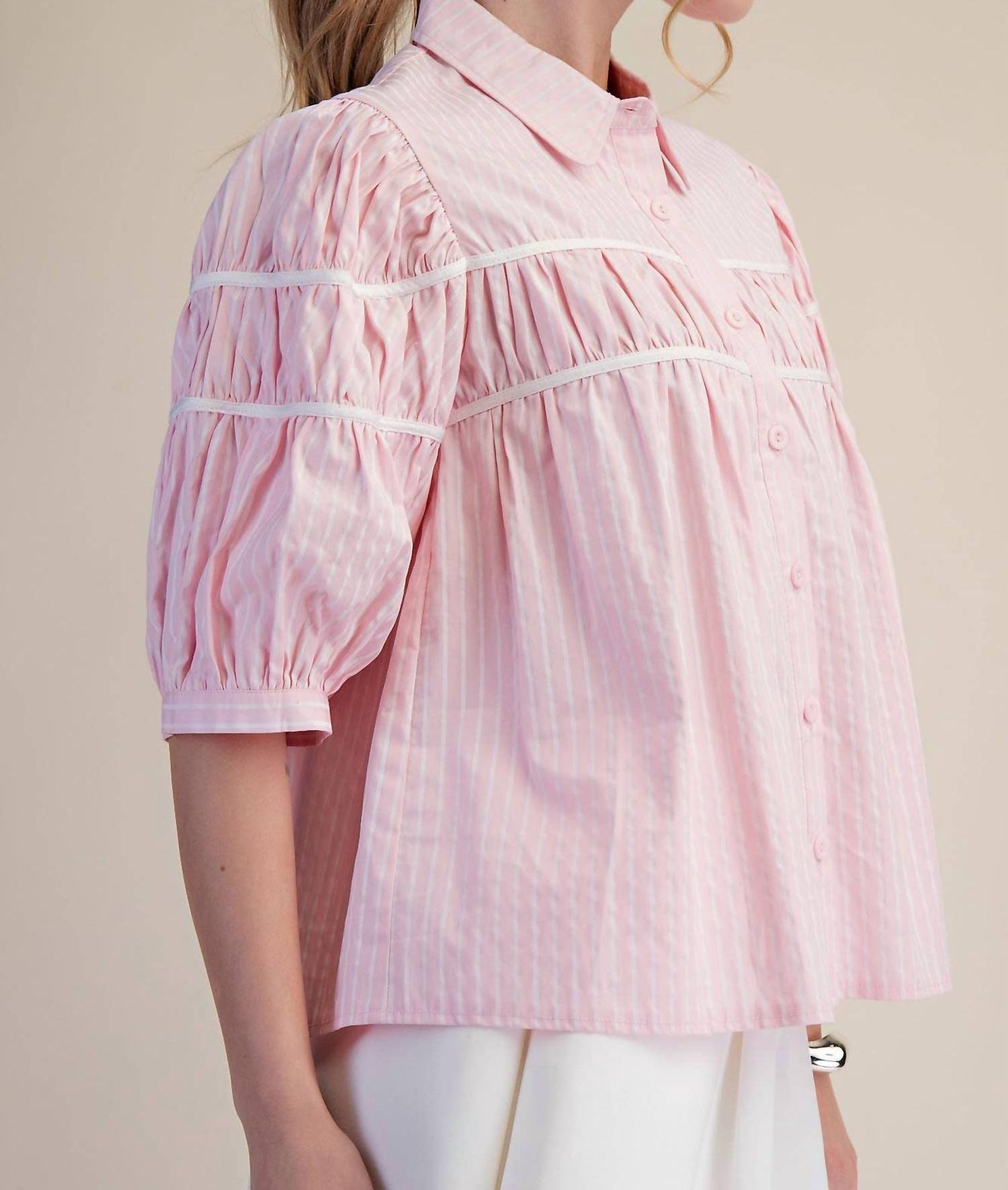 Glam - Puff Sleeve Contrast Detail Stripe Shirt Top
