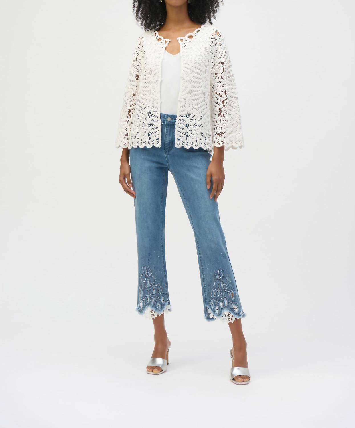 Joseph Ribkoff Seneca Stretch Straight Crop Jeans With Embroidery in denim medium blue - women's jeans