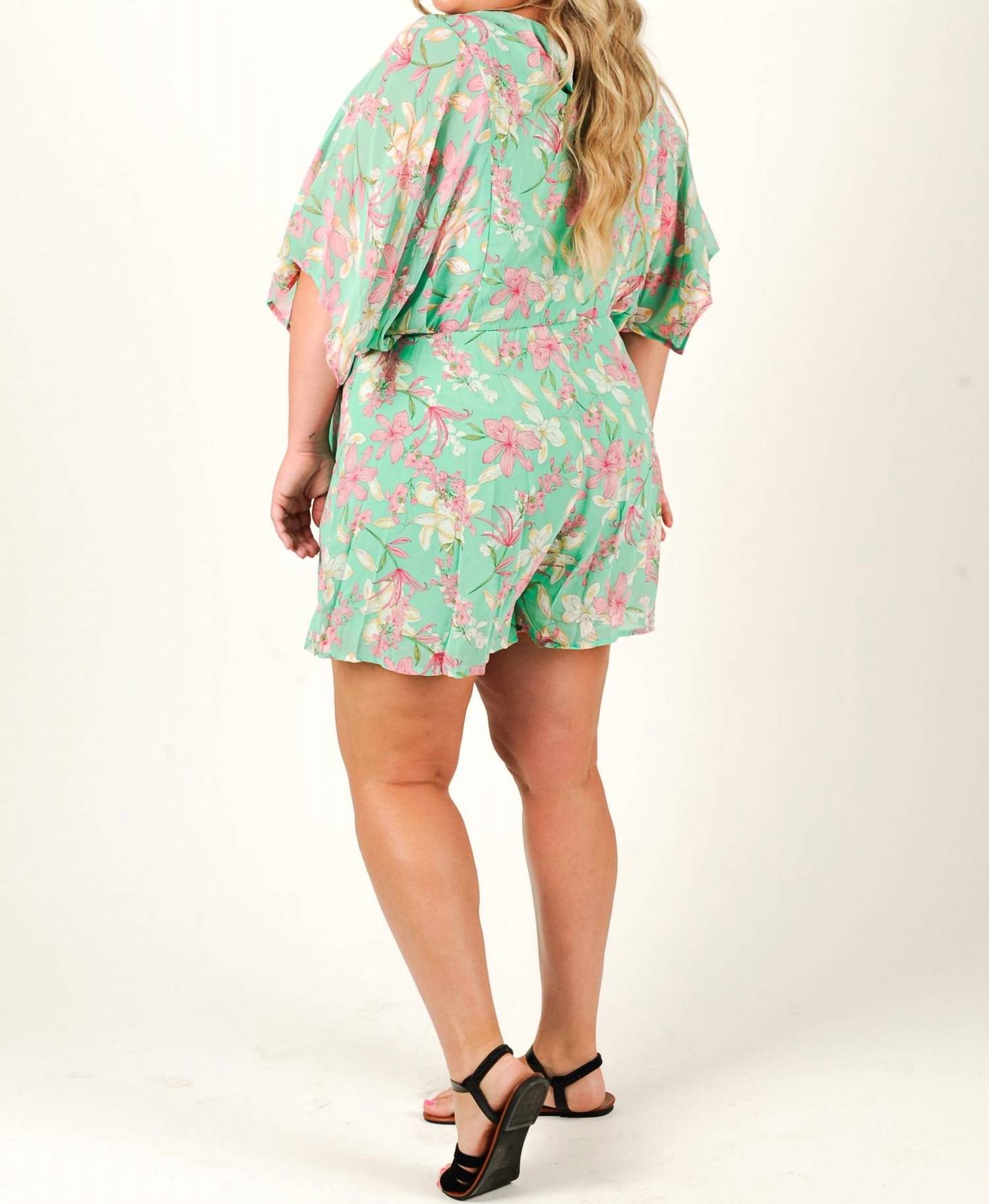 SHE + SKY Kimono Crush Romper in mint - women's pants - detail view