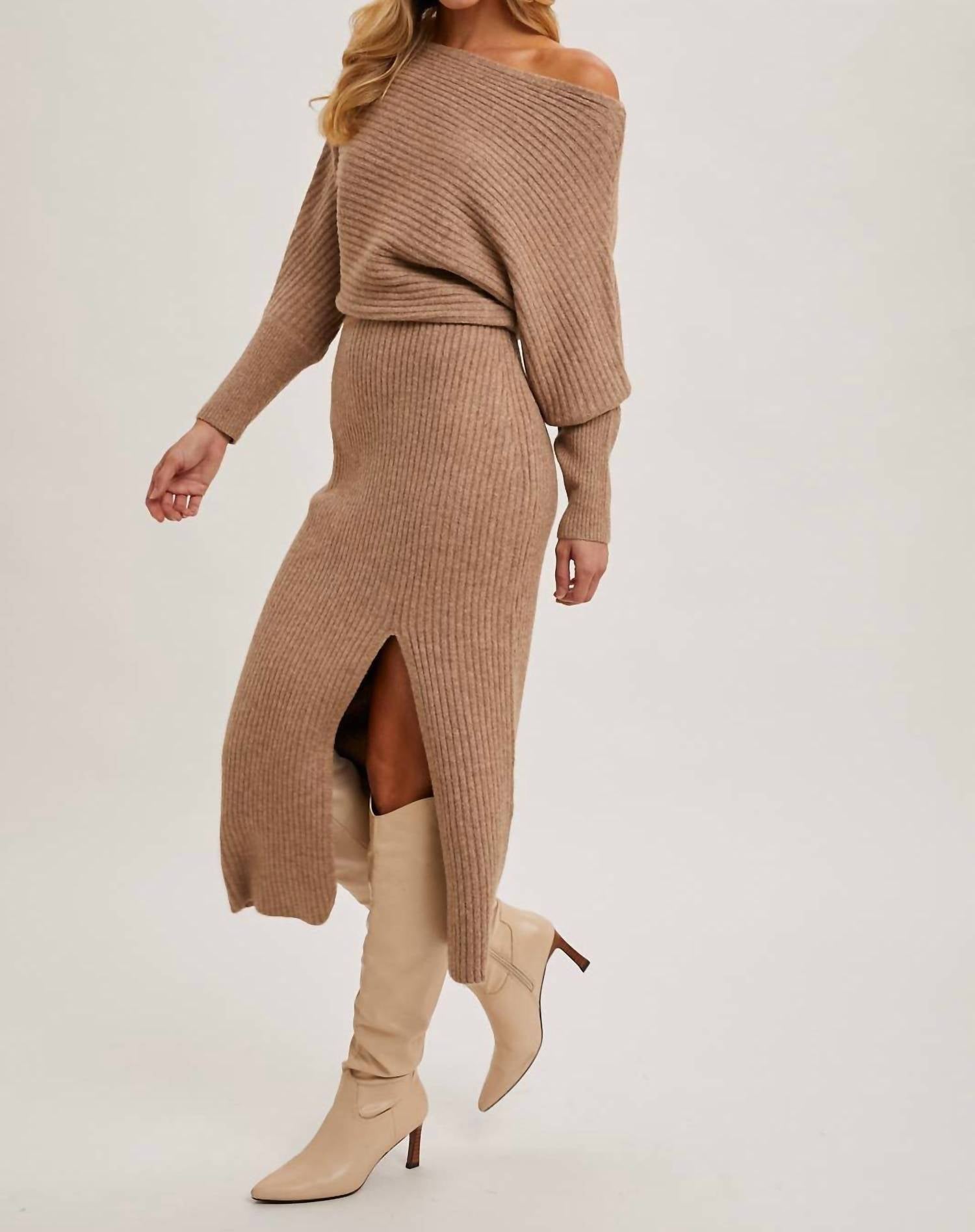 Bluivy - One Shoulder Off Side Slit Midi Knit Sweater Dress