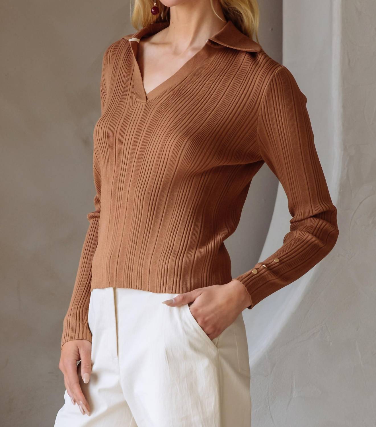 SKIES ARE BLUE Long Sleeve Ribbed Knit Collared Shirt in mocha - women's t-shirt - detail view