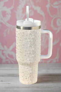 Nash Grey - Women's Pearl Studded Stainless Steel Tumbler With Handle - 40 Oz