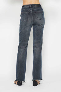 Judy Blue - High Waisted Button Fly Hem Distressed Straight Leg Jeans